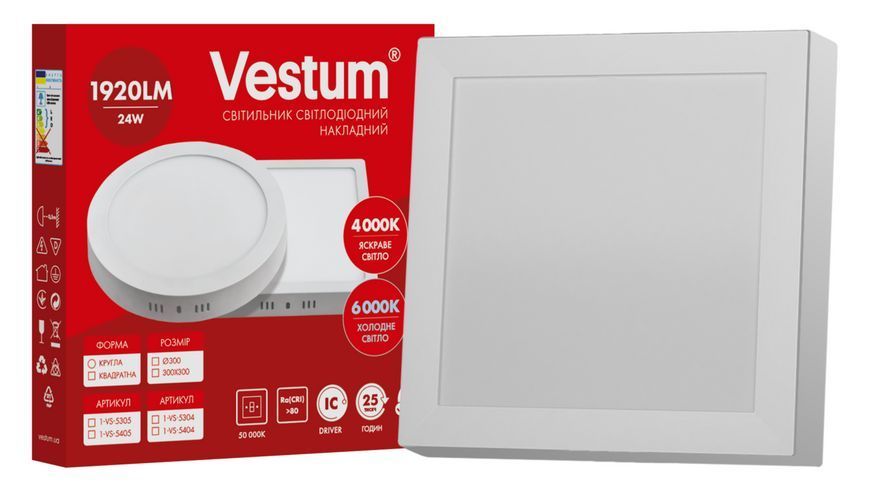 Квадратний світлодіодний накладний світильник Vestum 24W 6000K 220V 1-VS-5404 1-VS-5404 фото