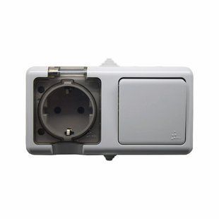 Розетка із заземленням та кришкою + вимикач одноклавішний, IP54 сірий EH-SW5 фото